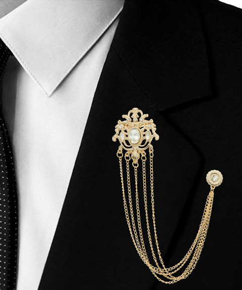 Adorn Golden Long Chain White Rhinestone Suit Coat Brooch For Men