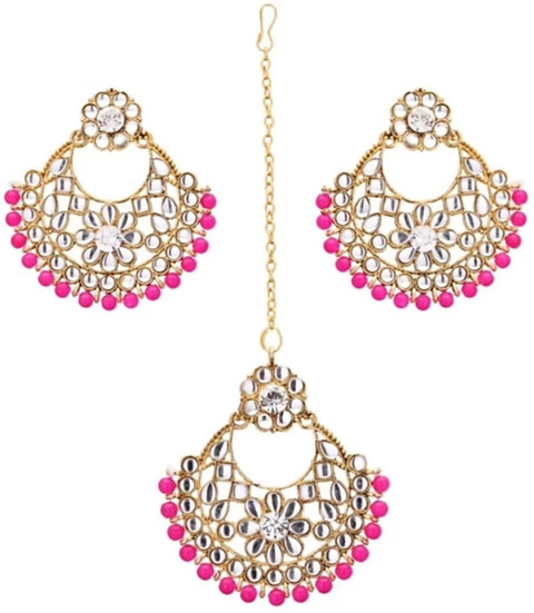 Maang Tikka Set Magenta Jhumka Alloy Pink (Base) Earring Maang
