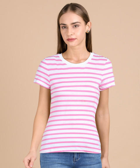 Calvin Klein Jeans Striped Women Round Neck White, Pink T-Shirt