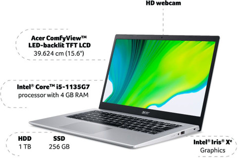 Acer Aspire Intel Core i5 11th Gen 1135G7 (8 GB/1 TB HDD/256 GB  SSD/Windows 10 Home) A515-56 Thin and Light Laptop