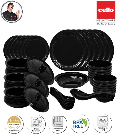 cello Pack of 40 Melamin Magneta Black 40 Pcs Dinner Set Price in