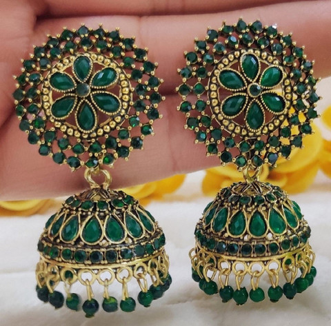 MONKDECOR Ani Jhumka For Girls and (Green Color) Brass Jhumki Earring