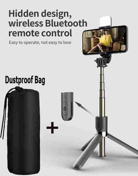 POZUB High Quality Best Buy Multi-function Bluetooth Selfie Stick Tripod  With Fill Light +Dustproof Bag Wireless Detachable Remote, 360°Rotation, - Main Image