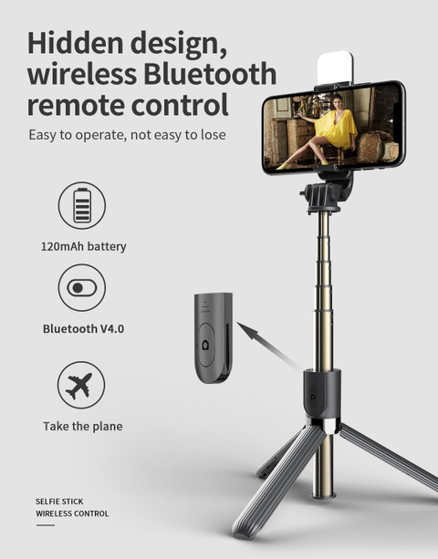 POZUB High Quality Best Buy Multi-function Bluetooth Selfie Stick Tripod  With Fill Light +Dustproof Bag Wireless Detachable Remote, 360°Rotation, - Main Image