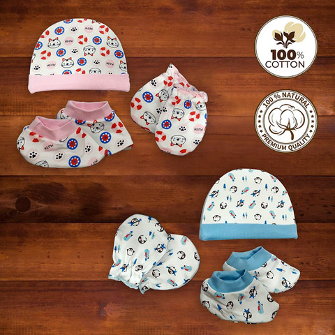 LuvLap 100% Cotton Baby Caps, Mittens and Booties Combo Set for