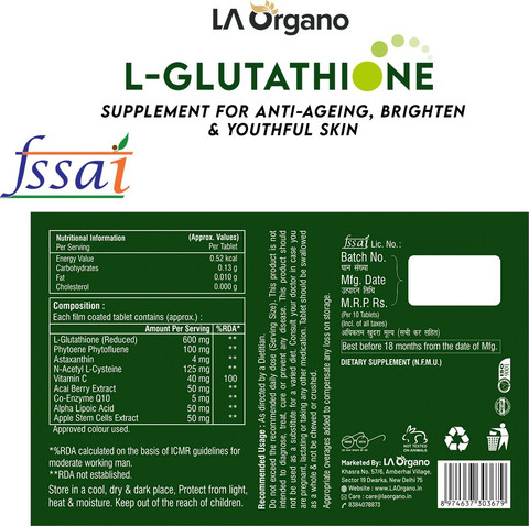 LA Organo L-Glutathione 600mg Reduced with Vitamin C Supplement for Skin Whitening Pack of 1 Price in India