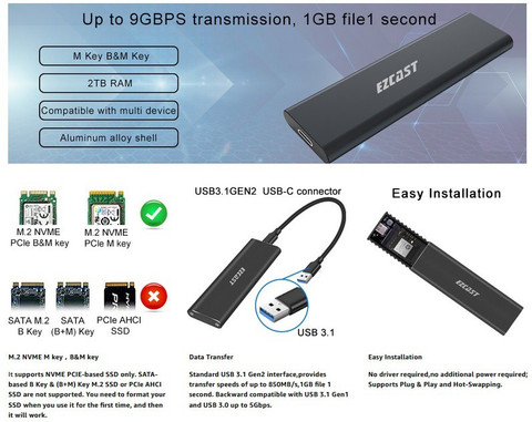 microware NVME SSD Enclosure Adapter USB Gen to NVME PCI