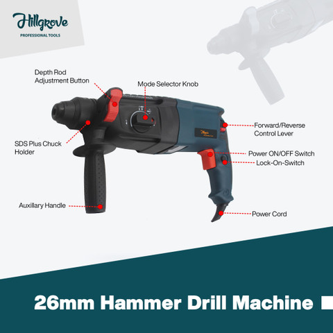 Hillgrove 26mm Hammer Impact Drill Machine Forward/Reverse Rotation with  6Pcs Hand Tool Kit Drill Chunk(13mm),5Pcs SDS Plus,5Pcs Masonry Drill Bit  Set