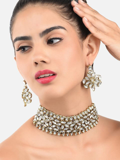 ZAVERI PEARLS Stone Gold-plated White Jewellery Set Price in India