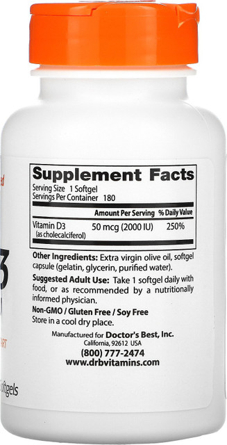 Doctor's Best Vitamin D3, 50 mcg (2,000 IU), 180 Softgels Price in