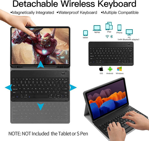 microware Samsung Galaxy Tab S7 FE inch 2021 Keyboard Leather Case,  Slim Wireless Bluetooth Removable Keyboard Shell Smart Cover for