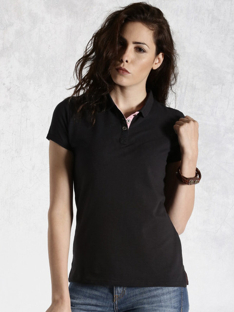 Roadster Solid Women Polo Neck Black T-Shirt
