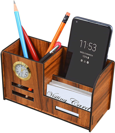 GENIYO Compartments Wooden Pen Pencil Holder With Watch And Business  Card Stand For Office Table Wooden Stand With Watch For Pen Pencil  Mobile