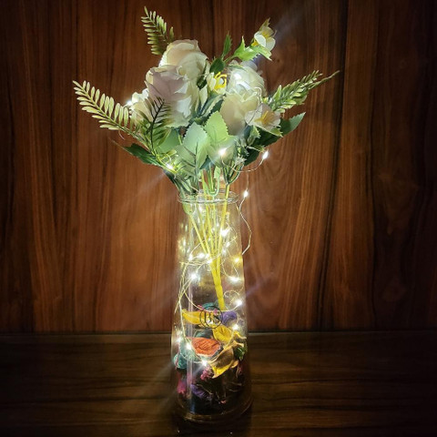 BS AMOR Led Light Glass Vase for Decor Home Modern Large Flower Vases for  Gifting White Rose Artificial Flower with Pot