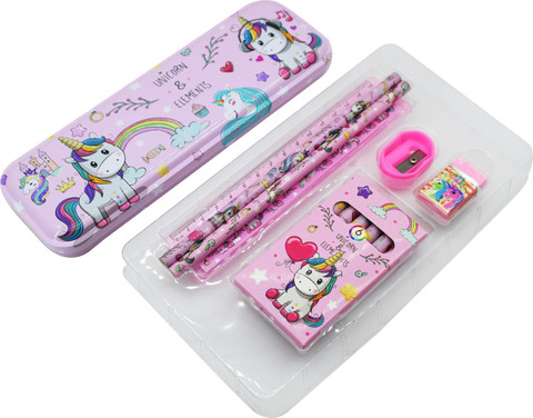 Definite Unicorn 12Pc Kids Gift Set- Pencil Box, Eraser, Crayon
