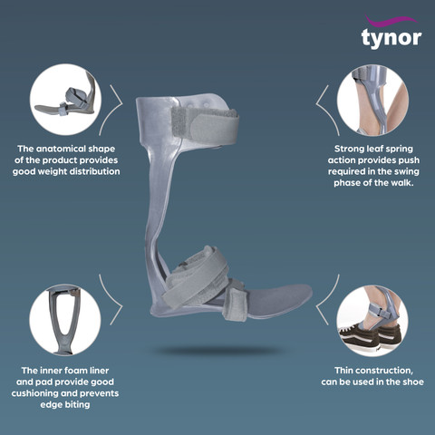 TYNOR Foot Drop Splint With Liner, Grey, Right, Medium, 1 Unit