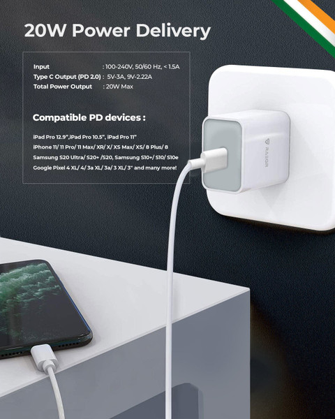 RAEGR 20 W PD A Wall Charger for Mobile with Detachable Cable