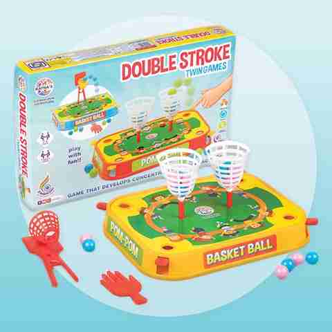 Sani International Toy World Double Strokes Twin Games 2in1(Basket Ball  POM-POM) for Kids to Play Money Assets Board Game