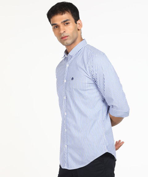 Peter England University Men Striped Casual White, Blue Shirt