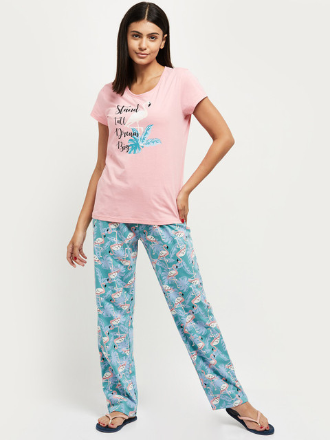 MAX Women Printed Pink Top Pyjama Set