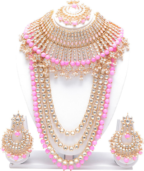 Ethnicking Alloy Gold-plated Pink, Gold Jewellery Set
