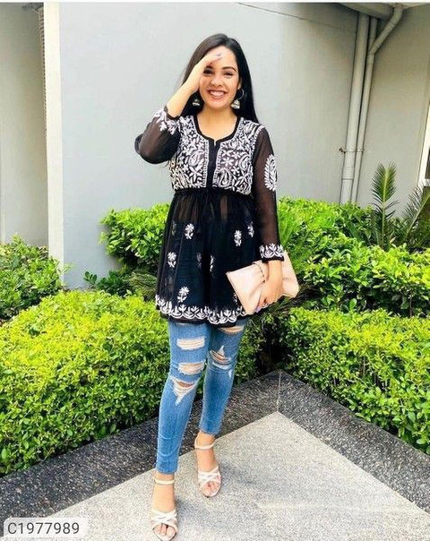 ESHACLOTHSTORE Casual Embroidered Women Black Top