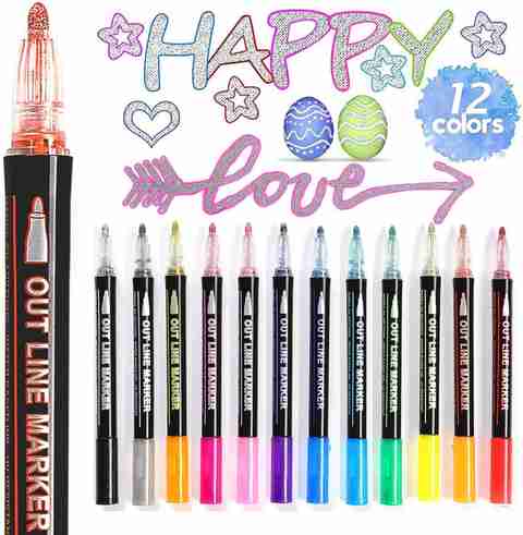 Pulsbery Double Line Outline Pen, Self-Outline Metallic Markers, 12