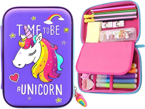 KAVANA 3D Canvas Unicorn Pencil Pouch for Girls,School Stationery Set  Multi-Compartment Pencil Box for Kids,Big Size Hard Top Unicorn Art Canvas 