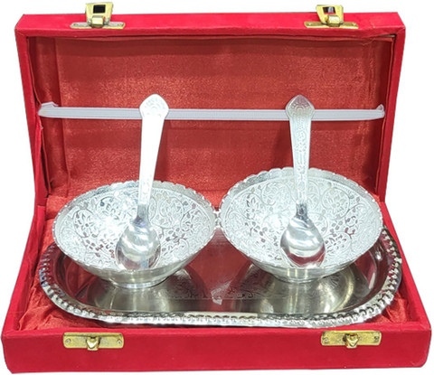 SAFESEED Silver Plated Bowl with Tray for Return Gifts, Baby Shower more  Bowl, Spoon, Tray Serving Set