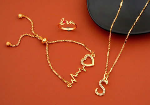 Jewel WORLD S name letter Diamond Pendant locket chain with bracelet love  ring for girls Gold-plated Beads Alloy Pendant