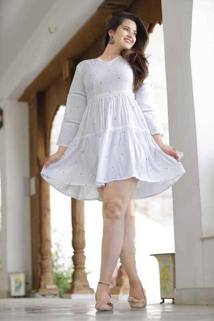 white above the knee dress Anecdote U-Neckline Length At SeamsFriendly KKC Women Fit and Flare