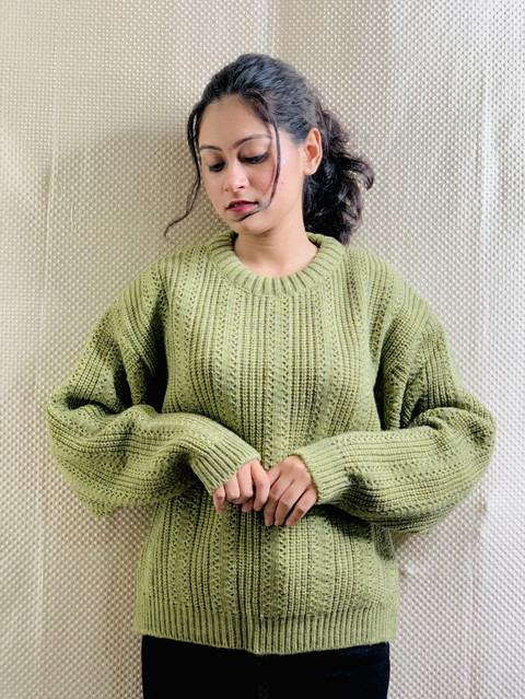 Modern look Self Design Round Neck Casual Women Green Sweater