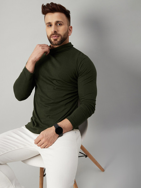 Gritstones Solid Men High Neck Dark Green T-Shirt