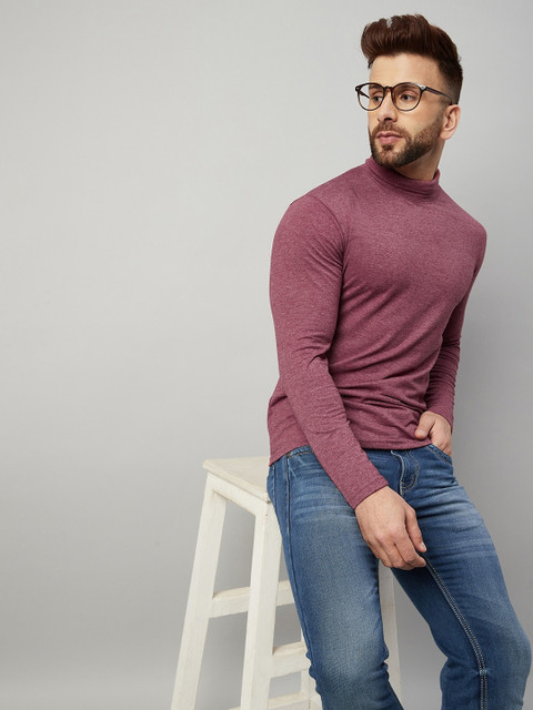 Gritstones Solid Men High Neck Pink T-Shirt