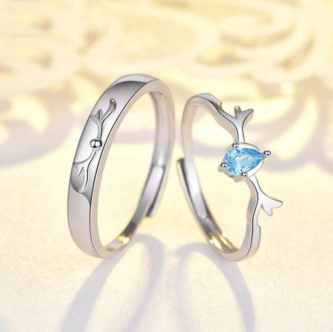 SILVOSWAN Blue Stone Deer Antler Wedding Engagement Ring Set for