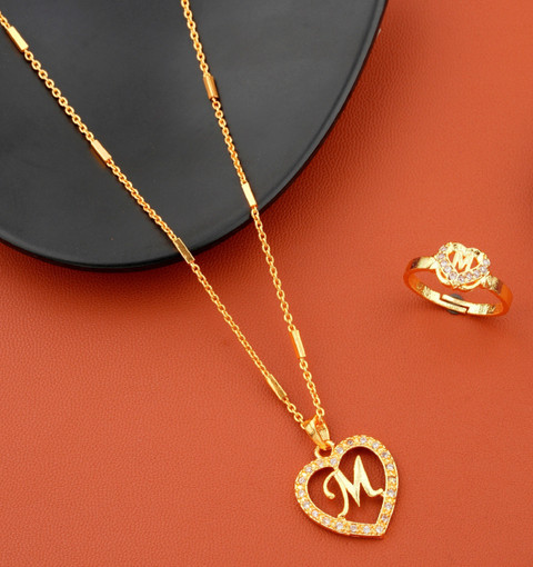 Jewel WORLD M name letter Diamond Pendant locket chain with letter ring for  girls women Gold-plated Beads Alloy Pendant