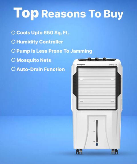 Crompton 100 L Desert Air Cooler with Motor Overload Protection, Auto-drain (White, Black, ACGC Optimus 100) - Image 8