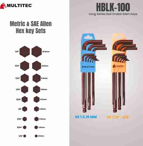 Multitec Alloy Steel 9 Pieces, Hex Short Allen Key Set (1.5mm to 10mm ...