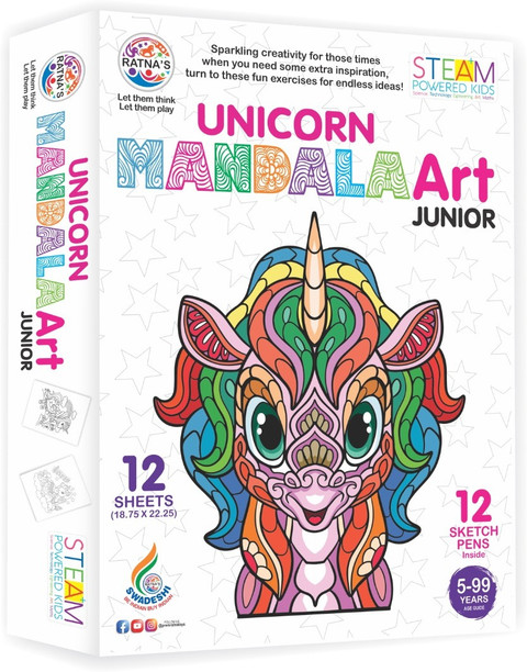 Game Phactory Mandala Art Unicorn The Colouring KIT 12 SHEET 12 SKETCH  PENS