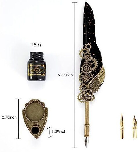 Gabani fashion Feather Pen and Ink Set, Mechanic Style Quill Calligraphy  Pen with Black Ink