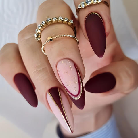 Shhagan Dark Red French Designer Press-on-Gel Nails with Application Kit  3049 Handmade, Multicolor