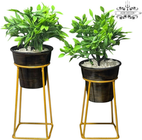 AOB Decor Artificial Plants with Black-Gold Pot & Golden Metal Stand Set of  2 Bonsai Artificial Plant with Pot Price in India - Buy AOB Decor  Artificial Plants with Black-Gold Pot &