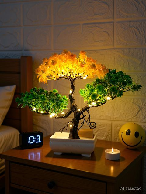 DODECROO pack of 3 artificial plant with led Bonsai Artificial Plant with Pot (24 cm, Yellow, Green) - Image 3