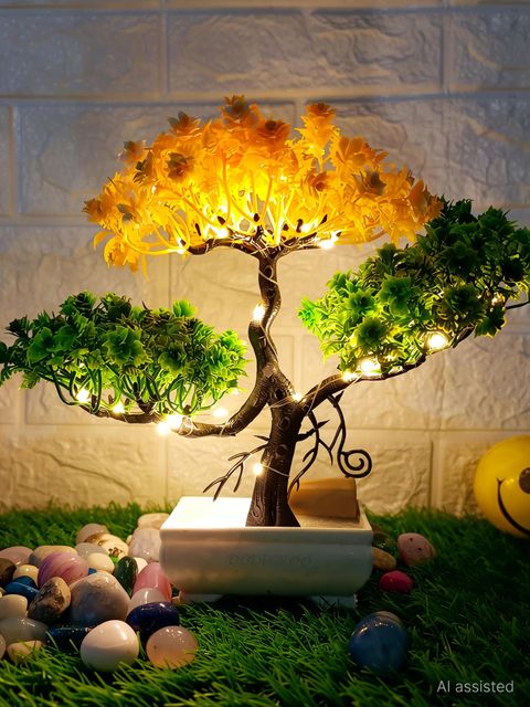 DODECROO pack of 3 artificial plant with led Bonsai Artificial Plant with Pot (24 cm, Yellow, Green) - Image 4