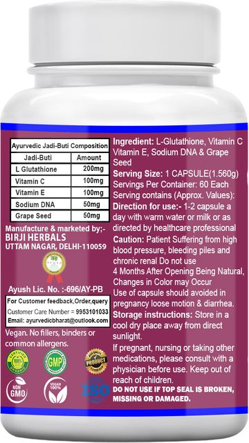 glutathione in ayurveda BIRJI HERBALS L-Glutathione Skin Lightening & Whitening Capsule Price India 3x Supreme Gluta White