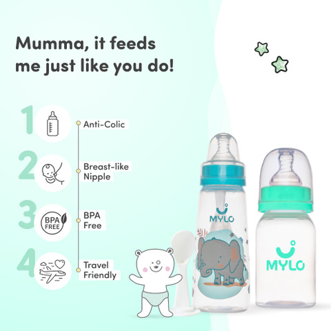 MYLO Baby Feeding Bottles for New Born Babies with Spoon Anti Colic  (125+250ml) 375 ml