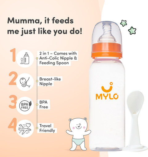 MYLO Baby Feels Natural Feeding Bottle for New Born Babies Anti Colic  Easy Flow 250 ml