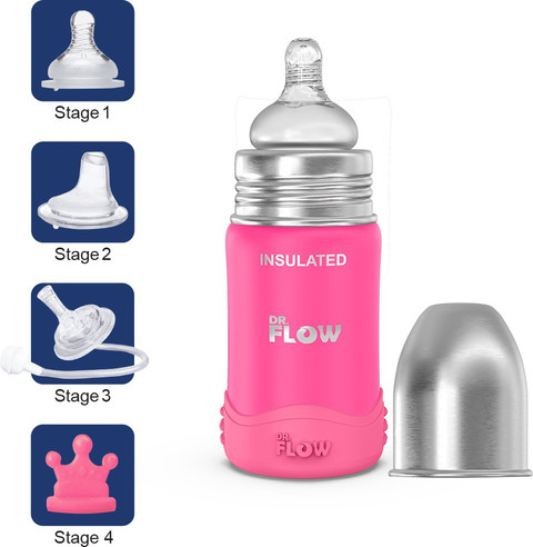 Omega+ Insulated ThermoSteel Baby Feeding Bottle with Anti-skid  Bumper Silicone Closing Disc 180ml/6oz |100% Plastic free Non-Toxic