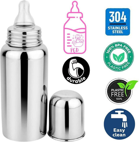 PGD Baby Feeding Bottle Extra Long for Milk Water Feeding, Plain Silver  Color 300 ml