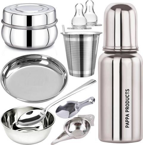 Pappa Baby gift set Steel feeding bottle, Feeder Spoons, Bowl